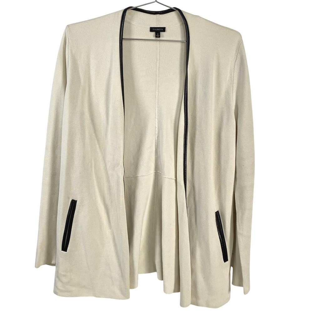 Talbots Cardigan Womens Medium Ivory Black Open Front Faux Leather Trim Pockets